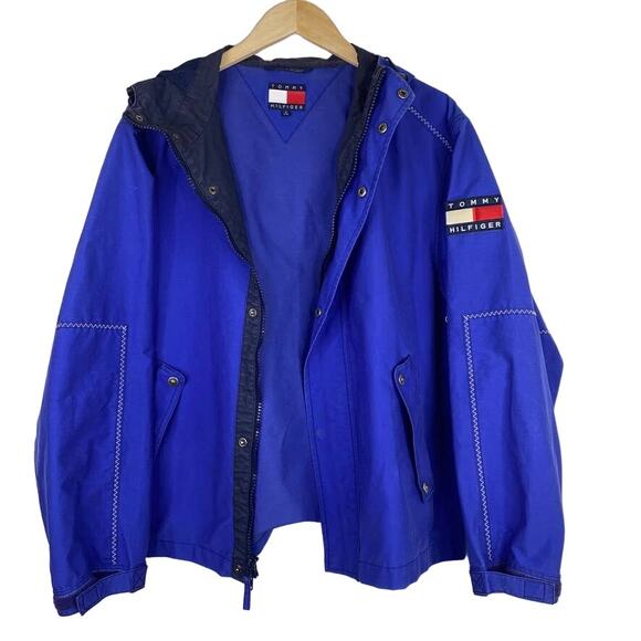 Vintage 90s Tommy Hilfiger Regatta Sailing Jacket Blue Hooded Windbreaker Mens S - Picture 3 of 11